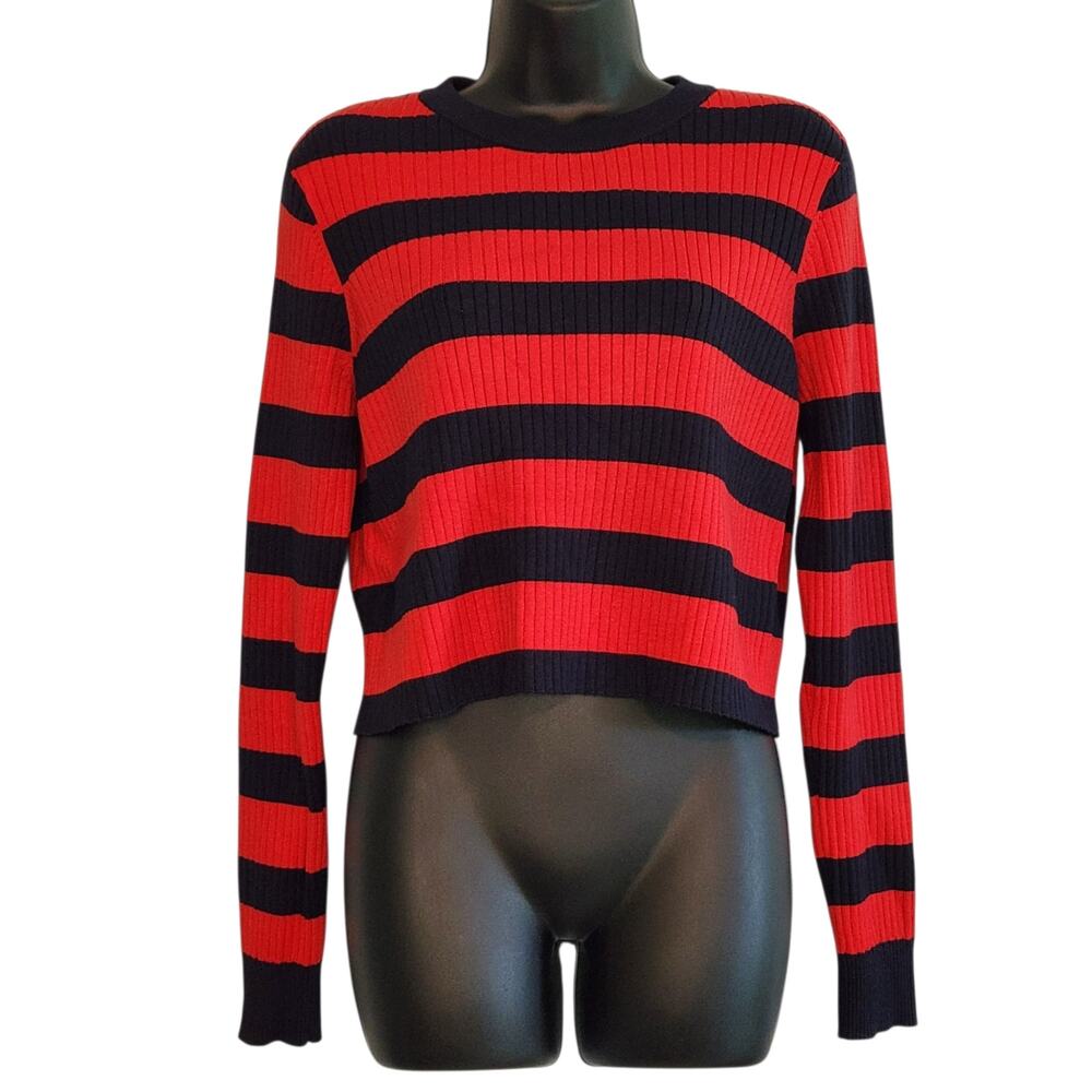 Milly striped sweater crewneck ribbed cropped navy and red size M